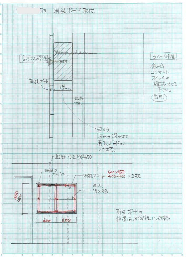 有孔ボード取付のご要望で、壁との隙間等確認しました。